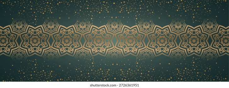 Abstrakter Hintergrund im islamischen Stil mit luxuriösen Ornamenten und leuchtenden goldenen Punkten. Hintergrund mit einer Kombination aus funkelnden Goldlinien. Vektorgrafik EPS 4