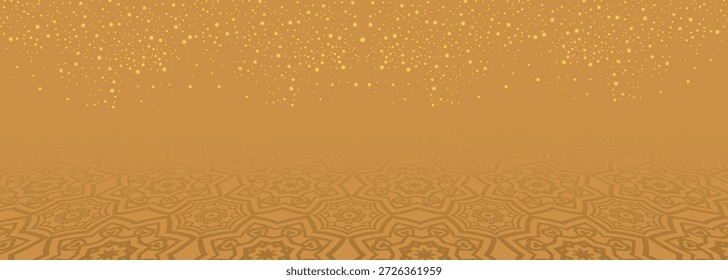 Abstrakter Hintergrund im islamischen Stil mit luxuriösen Ornamenten und leuchtenden goldenen Punkten. Hintergrund mit einer Kombination aus funkelnden Goldlinien. Vektorgrafik EPS 2
