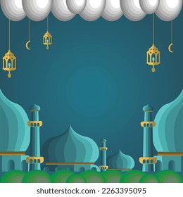 Islamischer Hintergrund mit Moschee-Ornamenten und hängenden Ornamenten in den Wolken