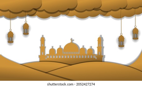 Islamic style background in paper art cut style design for Islamic events like Ramadan, Muharram new year, Milad un nabi