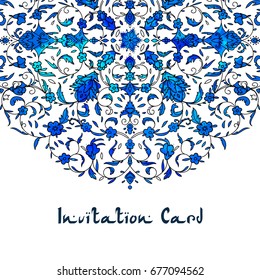 Islamic style brochure, flyer design, flower elements and ornament. Card for cafe, restaurant, shop, print. Border. India,Arabic, Dubai, turkish, Islam, pakistan, ottoman motifs