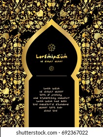 Islamic style brochure, flyer design, flower gold and ornament. Card for cafe, restaurant, shop, print. Border. India,Arabic, Dubai, turkish, Islam, pakistan, ottoman motifs