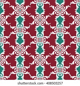 Islamic Style Damask beautiful background with Modern style Ornament, White, Red and Green colors, seamless pattern, vector wallpaper, floral wrapping paper, fabric for decoration and design