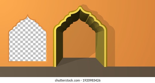 Islamic style door in 3 dimensions. to promote products in the month of Islamic celebration. Easy to use and customize. vector.