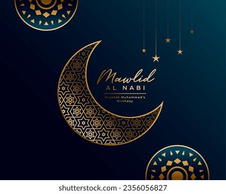 islamic style mawlid al nabi wishes card in golden theme vector