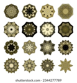 Islamic style octagonal gold ornament, artistic symmetrical shapes.