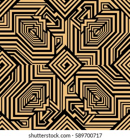 Islamic style seamless vector pattern with octagons and labyrinth lines. Art Deco motifs. Vintage textile design collection. Golden on black.