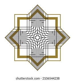 Étoile à six points de style islamique avec motif géométrique complexe de trait d'art remplissant un contour en noir et doré sur fond blanc, illustration vectorielle
