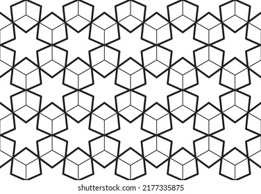 Islamic style six point star and hexagon repeat outline pattern in black color on a white background, geometric vector illustration