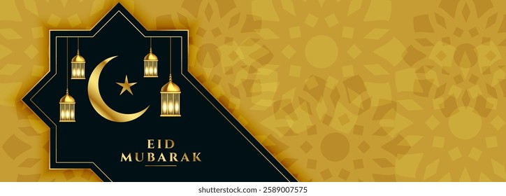 islamic style wid mubarak event banner with golden crescent and lantern vector