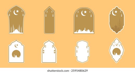 Islamic style window vector set with typical geometric elements, arabesque motifs, and arches and lanterns, crescent moon. elegant. Suitable for greeting card design, social media or Ramadan banner