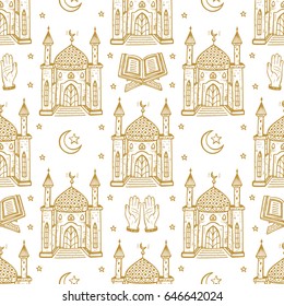 Islamic Symbol background. Arabic Seamless Pattern. Crescent Moon with Star, Mosque, Koran,  Hands. Ramadan Kareem