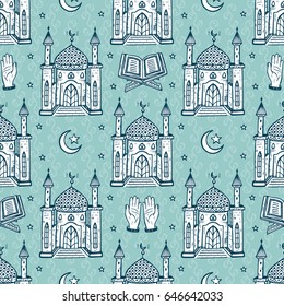 Islamic Symbol background. Arabic Seamless Pattern. Crescent Moon with Star, Mosque, Koran,  Hands. Ramadan Kareem