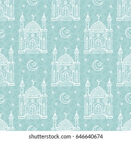 Islamic Symbol background. Crescent Moon with Star and Mosque Seamless Pattern. Ramadan Kareem