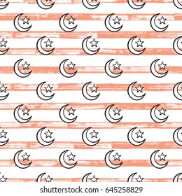 Islamic Symbol Crescent Moon with Star Seamless Pattern. Vector background