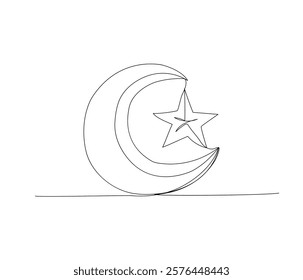 Islamic Symbol, Crescent and star one line art. Continuous line drawing of online Muslims, Islam, traditions, clothing, folk, oriental.