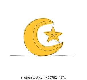 Islamic Symbol, Crescent and star one color line art. Continuous line drawing of online Muslims, Islam, traditions, clothing, folk, oriental.