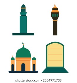 Islamic Symbol Elements Set of Mosque Dome Minaret Tower Building Worship in Ramadan Theme
