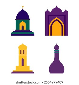 Islamic Symbol Elements Set of Mosque Dome Minaret Tower Building Muslim Religion in Ramadan Theme