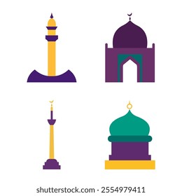 Islamic Symbol Elements Set of Mosque Dome Minaret Tower Building Muslim Religion in Ramadan Theme