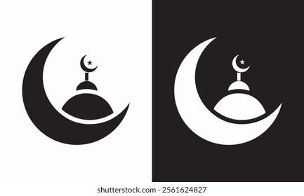 Islamic symbol featuring a crescent moon and star.Arabic Moon and Star Icon on Black with White colour.