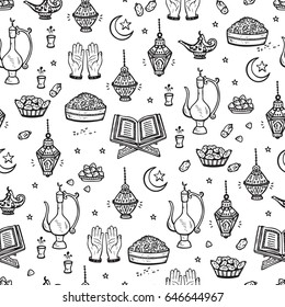Islamic Symbols background. Arabic Seamless Pattern. Iftar party. Ramadan Kareem. 
