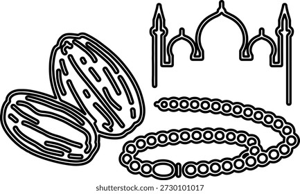 Islamic Symbols: Dates, Prayer Beads, and Mosque Vector Illustration