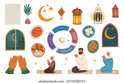 Islamic symbols and decorations set, traditions during month of Ramadan. Vector isolated lanterns and windows, moon and stars, plates with meals for iftar and prayer mats, people making dua to Allah