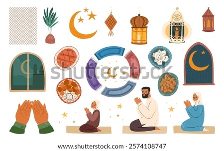 Islamic symbols and decorations set, traditions during month of Ramadan. Vector isolated lanterns and windows, moon and stars, plates with meals for iftar and prayer mats, people making dua to Allah