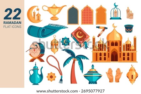 Islamic symbols and decorations set, traditions during month of Ramadan. Vector isolated lanterns and windows, prayer mats and mosque, crescent moon and Quran, prayer rug and dates, candles and hands