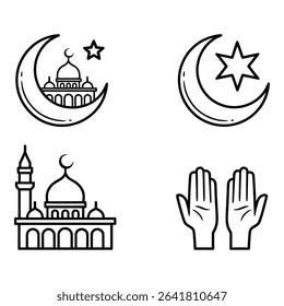 Islamic symbols featuring crescent moon star mosque and praying hands