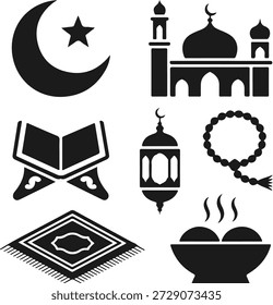 Símbolos islâmicos, incluindo uma mesquita da Lua crescente e objetos religiosos