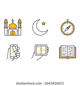 Islamic symbols including a mosque moon compass and mobile devices