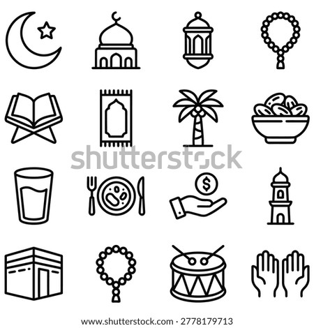 Islamic symbols, moon, mosque, lantern, rosary, quran, prayer mat, palm tree, dates, food, charity, kaaba, hands praying illustration.