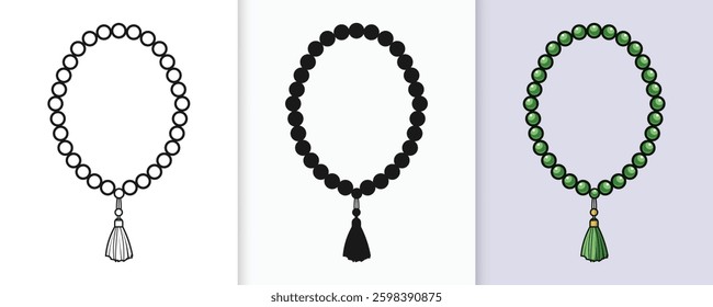 Islamic tasbih outline and silhouette icon set with isolated flat vector illustration for eid celebration
