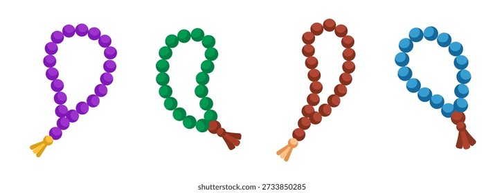 Islamic tasbih prayer beads vector cartoon icon set. Collection of flat colorful misbaha with tassel isolated on transparent background for Ramadan, Islamic worship. Muslim faith 2d design element