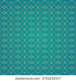 An Islamic teal geometric pattern with intricate golden accents forming symmetrical shapes.