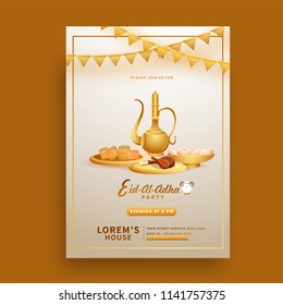 Islamic teapot, chicken and sweet elements on background for Eid-Al-Adha Party invitation card decorated with bunting flags. Time and venue details.