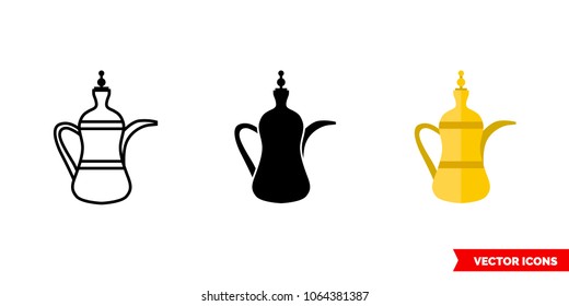 Islamic teapot icon of 3 types: color, black and white, outline. Isolated vector sign symbol.