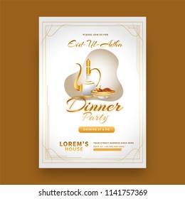 Islamic teapot with sweets for Eid-Al-Adha Dinner Party Celebration. Template or flyer design.