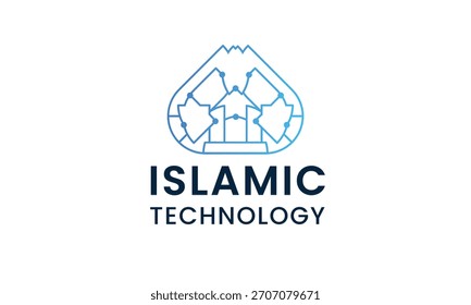 Logotipo de Tecnología islámica con mezquita moderna y Elementos de circuitos. Identidad musulmana con Tech Line Home