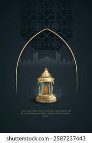 islamic template background with islamic decoration and golden lanterns