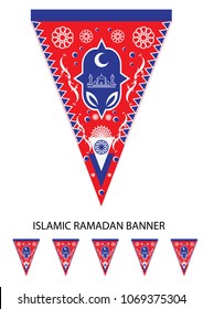 Islamic template banner in red, white and blue theme with patterns and icons.  This refreshed classic design is usually used during Ramadan and Eid celebration or parties.