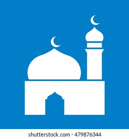 Islamic template, stencil, pattern, white mosque, icon, isolated on blue background.