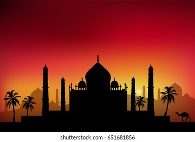 Islamic temple on a sunset background with a camel and palms. Vector illustration.