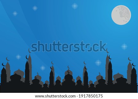 Islamic theme bacground with mosque, moon and stars.