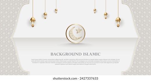 Islamic theme banner background, Arabic pattern ornaments. White color with luxurious gold silhouette. Decoration design element