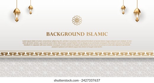 Islamic theme banner background, Arabic pattern ornaments. White color with luxurious gold silhouette. Decoration design element