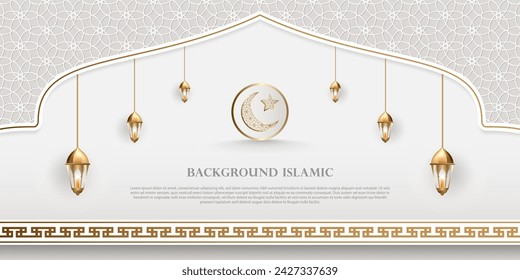 Islamischer Thema Banner Hintergrund, arabische Muster Ornamente. Weiße Farbe mit luxuriöser Goldsilhouette. Dekorationsdesignelement