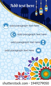 Islamic theme: blue background design with mosque silhouette and mandala illustration decoration for flyers, leaflets, banners and backdrops